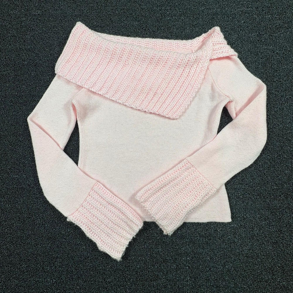 Vintage Say What? Ribbed Portrait Collar Sweater Womens S Bell‎ Sleeve Baby Pink